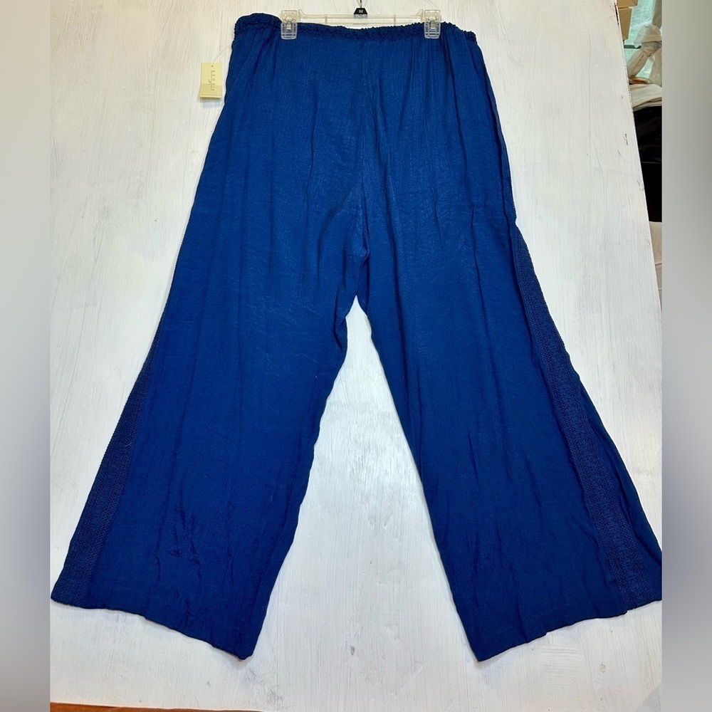 Studio JPR Navy Wide Leg Pants XL Smocked Waist Tassel Drawstring Boho Beach - Picture 3 of 11